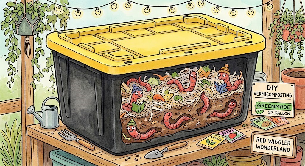 Illustrated full worm composting bin setup with red wigglers in bedding.