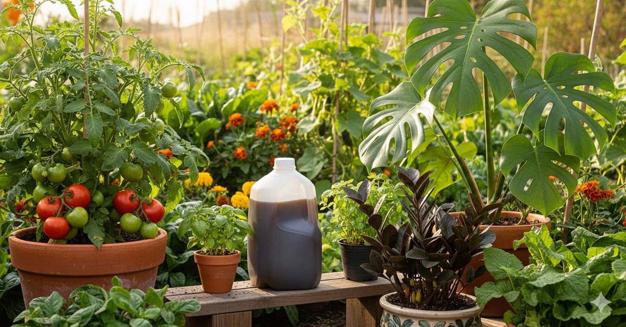 Garden plants supported by worm tea and soil care.