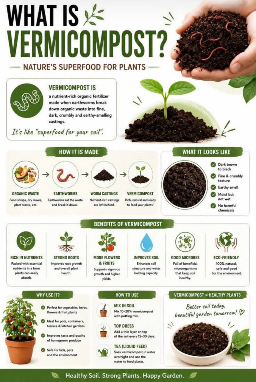 Infographic explaining what vermicompost is, how worms make castings, and the benefits for soil and plants.