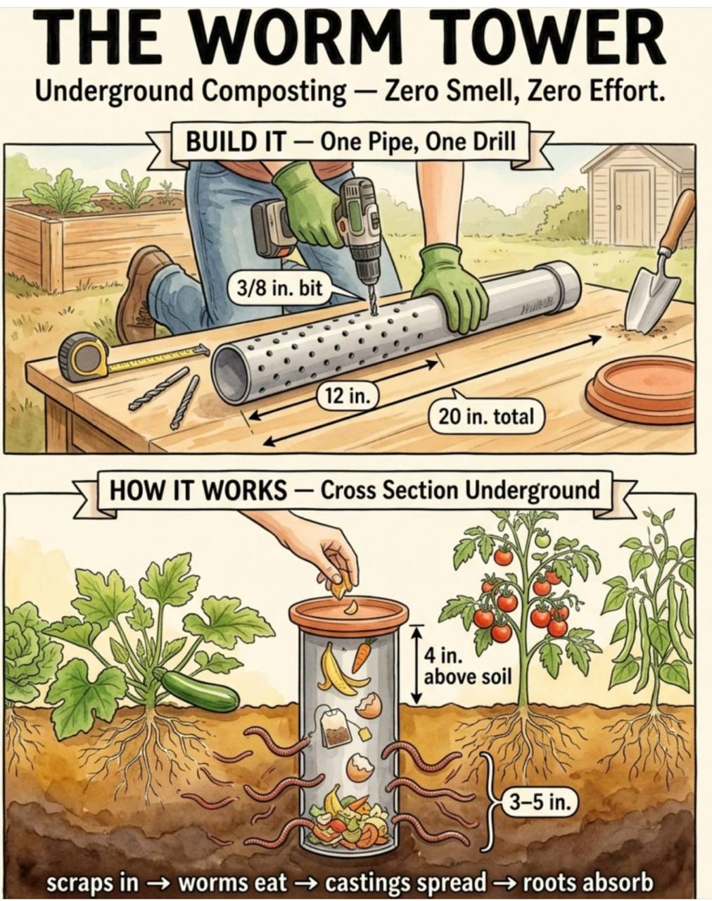 Illustrated worm tower composting guide showing a perforated pipe installed in a garden bed.